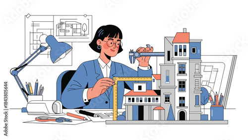 Modern flat vector illustration of an architect measuring a scale building model, ideal for precision design concepts, architecture studios, and construction planning visuals