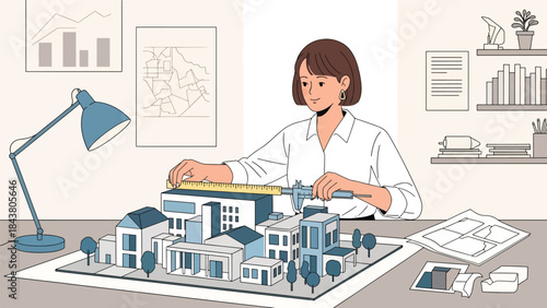 Modern flat vector illustration of an architect measuring a scale building model, ideal for precision design concepts, architecture studios, and construction planning visuals
