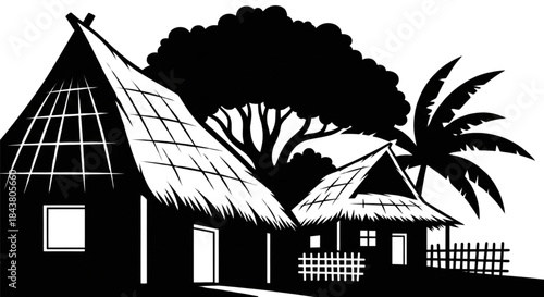 Tropical Village Huts Silhouette for Travel Tourism Web Design Rustic Background Illustration