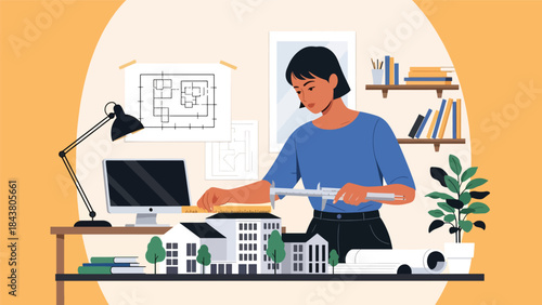 Modern flat vector illustration of an architect measuring a scale building model, ideal for precision design concepts, architecture studios, and construction planning visuals