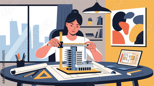 Modern flat vector illustration of an architect measuring a scale building model, ideal for precision design concepts, architecture studios, and construction planning visuals