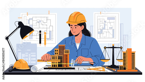 Modern flat vector illustration of an architect measuring a scale building model, ideal for precision design concepts, architecture studios, and construction planning visuals