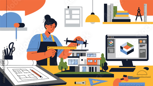 Modern flat vector illustration of an architect measuring a scale building model, ideal for precision design concepts, architecture studios, and construction planning visuals