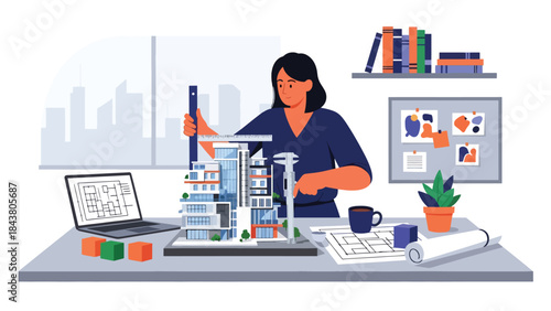 Modern flat vector illustration of an architect measuring a scale building model, ideal for precision design concepts, architecture studios, and construction planning visuals