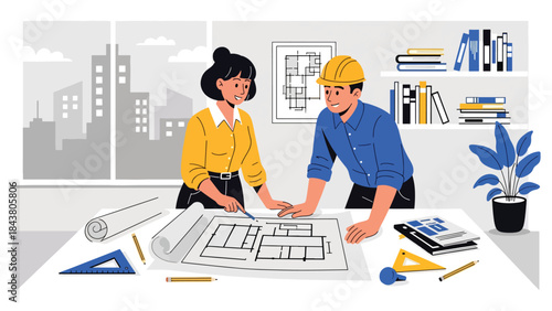 Flat vector illustration of an architect discussing plans with an engineer, ideal for teamwork concepts, construction collaboration, architecture services, and professional projects