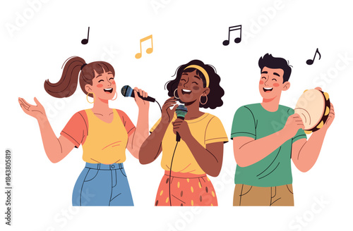 Diverse group singing and playing music with microphones and tambourine