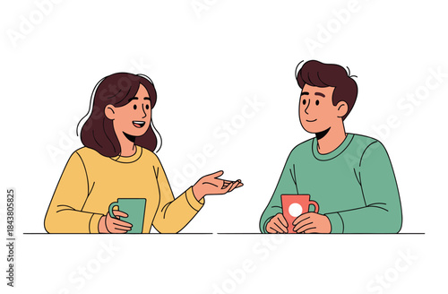 Cartoon of young asian female and male having a relaxed conversation over coffee