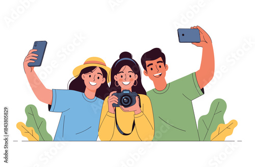 Young asian friends taking photos: happy moments with camera and smartphones