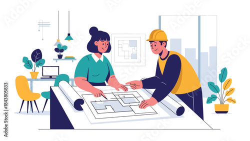 Flat vector illustration of an architect discussing plans with an engineer, ideal for teamwork concepts, construction collaboration, architecture services, and professional projects