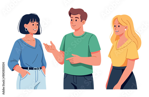 Three young adults engaged in friendly conversation