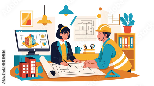 Flat vector illustration of an architect discussing plans with an engineer, ideal for teamwork concepts, construction collaboration, architecture services, and professional projects