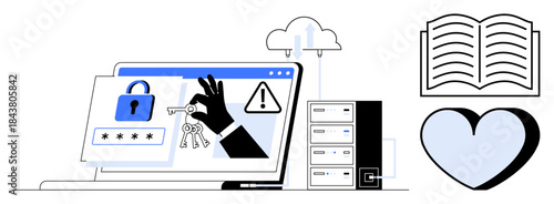 Cybersecurity, data protection, online access, cloud storage, digital safety, and education . A laptop displays a digital lock and key concept. Cybersecurity and data protection themes illustrated
