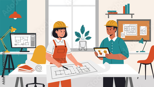 Flat vector illustration of an architect discussing plans with an engineer, ideal for teamwork concepts, construction collaboration, architecture services, and professional projects