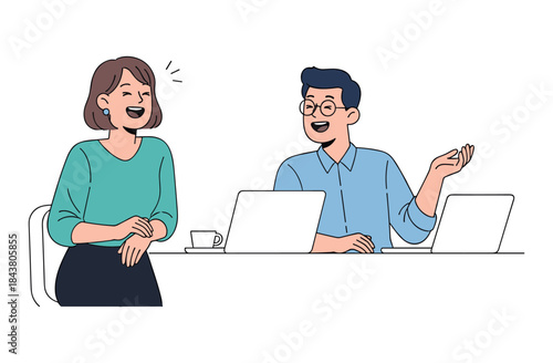 Young caucasian female and male colleagues chatting in office with laptops