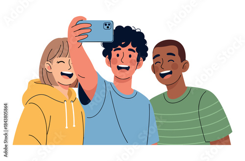 Diverse group of young friends taking a selfie and laughing together