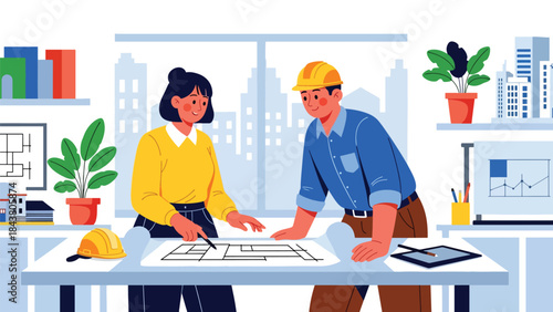 Flat vector illustration of an architect discussing plans with an engineer, ideal for teamwork concepts, construction collaboration, architecture services, and professional projects