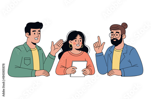 Diverse team brainstorming: asian male, hispanic female, caucasian male collaboration