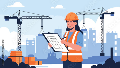 Modern flat vector illustration of an architect inspecting a construction site, ideal for building supervision, project management visuals, architecture firms, and construction services