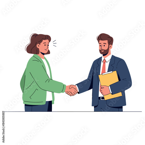Young caucasian male professional shakes hands with asian female client at business meeting