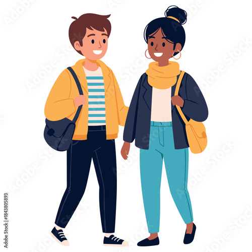 Smiling young adult cartoon couple walking together with backpacks