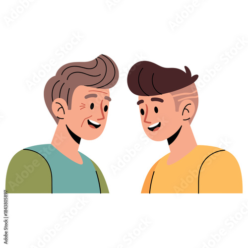 Cartoon illustration of two young caucasian males engaged in a friendly conversation
