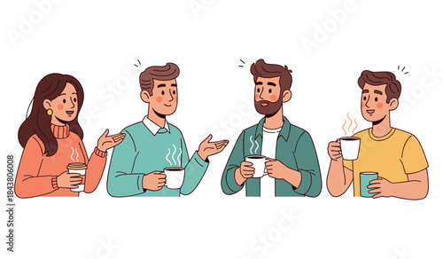 Diverse group of young adults socializing with coffee and tea cups