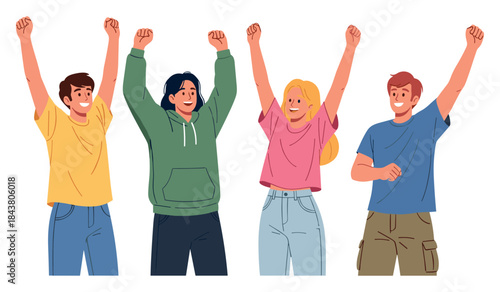 Diverse group of happy young adults celebrating with raised hands