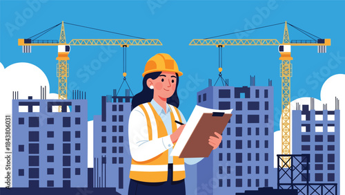 Modern flat vector illustration of an architect inspecting a construction site, ideal for building supervision, project management visuals, architecture firms, and construction services