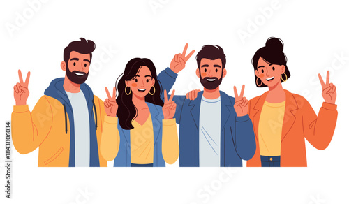 Diverse group of young adults smiling and making peace signs gesture