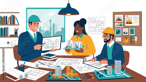 Flat vector illustration of architects collaborating in a design studio, ideal for teamwork visuals, creative agencies, architecture firms, and professional branding