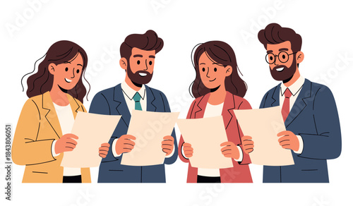 Diverse team of young adults collaborating with documents
