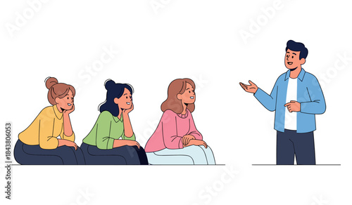 Young diverse adults engaged in conversation with male speaker