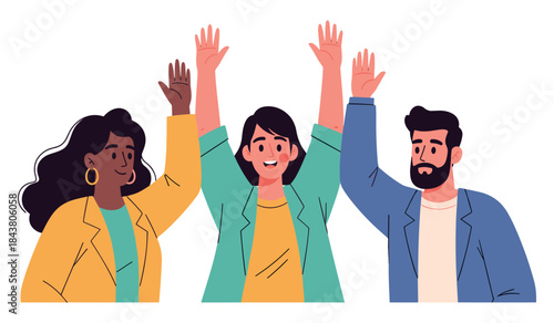 Diverse group of young adults raising hands
