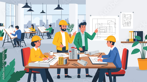 Flat vector illustration of architects collaborating in a design studio, ideal for teamwork visuals, creative agencies, architecture firms, and professional branding