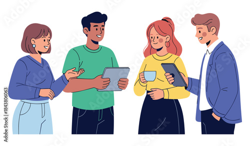 Young diverse group engaged in friendly discussion using digital devices