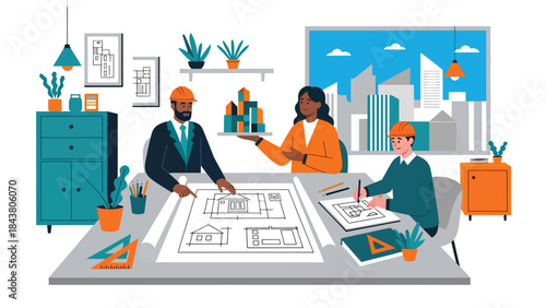 Flat vector illustration of architects collaborating in a design studio, ideal for teamwork visuals, creative agencies, architecture firms, and professional branding