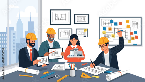Flat vector illustration of architects collaborating in a design studio, ideal for teamwork visuals, creative agencies, architecture firms, and professional branding