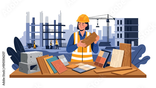 Modern flat vector illustration of an architect inspecting building materials, ideal for construction planning visuals, material selection concepts, and architecture services
