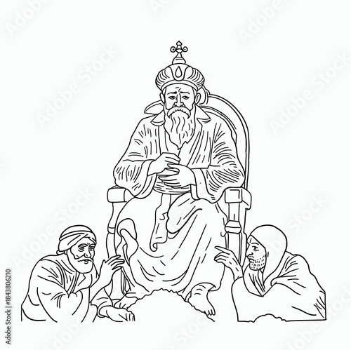A King Sitting on an Ornate Throne Receiving a Kneeling Supplicant with Respect and Devotion - Black and White Line Drawing Illustration