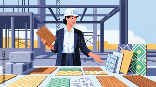 Modern flat vector illustration of an architect inspecting building materials, ideal for construction planning visuals, material selection concepts, and architecture services