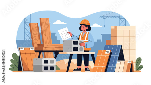 Modern flat vector illustration of an architect inspecting building materials, ideal for construction planning visuals, material selection concepts, and architecture services