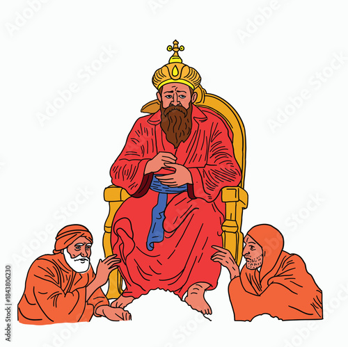 Majestic Bearded Monarch in Traditional Red and Blue Robbes Enthroned in Golden Chair as Elderly Subjects in Turbans Kneel in Homage and Submission Cartoon Style