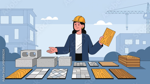 Modern flat vector illustration of an architect inspecting building materials, ideal for construction planning visuals, material selection concepts, and architecture services