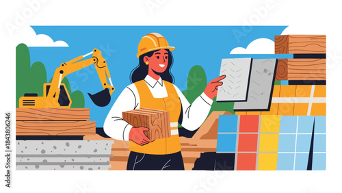 Modern flat vector illustration of an architect inspecting building materials, ideal for construction planning visuals, material selection concepts, and architecture services