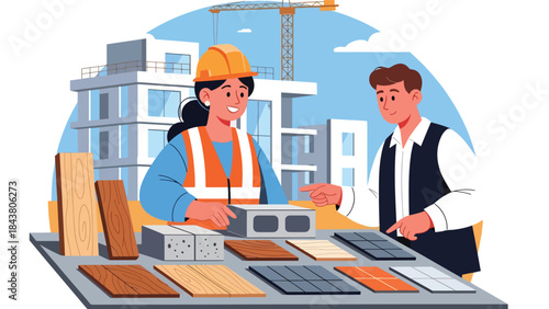 Modern flat vector illustration of an architect inspecting building materials, ideal for construction planning visuals, material selection concepts, and architecture services