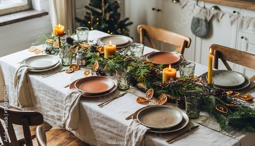 Cozy Christmas Dinner Setup on Wood Table with Fairy Lights and Eco Gifts