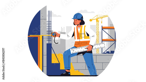 Flat vector illustration of an architect checking precise measurements, ideal for accuracy concepts, construction planning, professional architecture services, and technical visuals