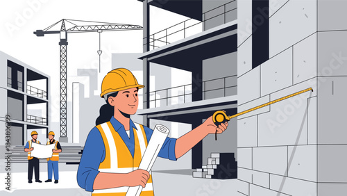 Flat vector illustration of an architect checking precise measurements, ideal for accuracy concepts, construction planning, professional architecture services, and technical visuals