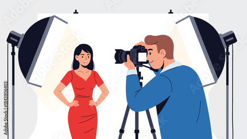 Modern flat vector illustration of a professional photographer taking studio portrait photos, ideal for photography services, creative studios, marketing visuals, and media content