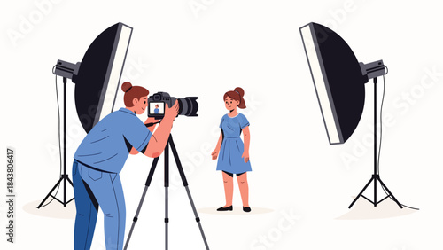 Modern flat vector illustration of a professional photographer taking studio portrait photos, ideal for photography services, creative studios, marketing visuals, and media content